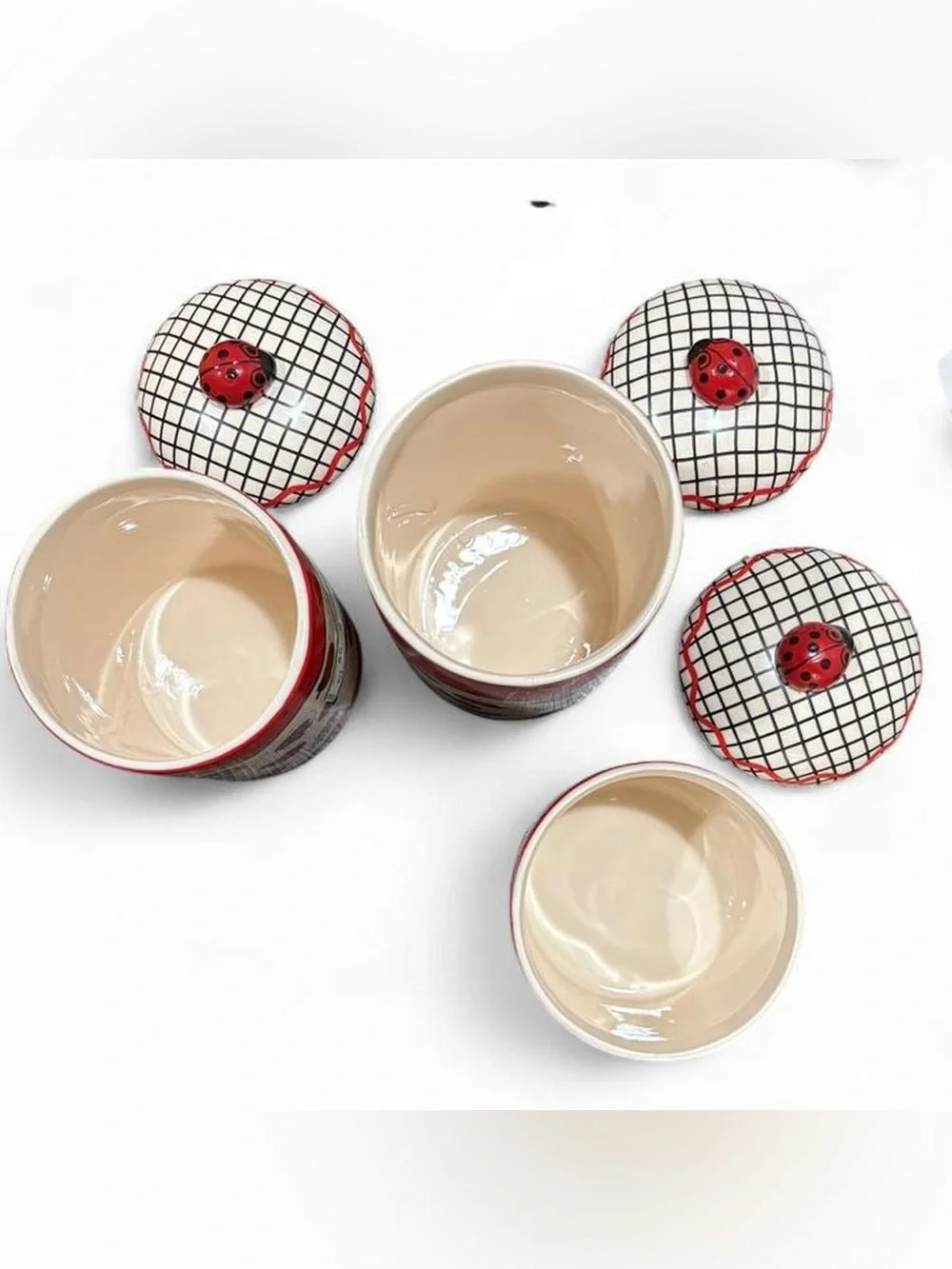 Vintage Ladybug Kitchen Canisters Set 3 Pc Ceramic Storage Jars Cottagecore